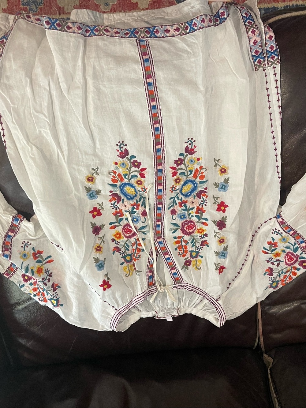Johnny Was White Embroidered Peasant Blouse with Multicolor Floral Motif